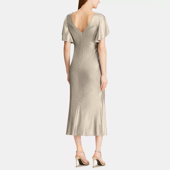 Lauren Ralph Lauren Champagne Silver Flutter-Sleeve Shimmer Dress - Picture 2 of 7